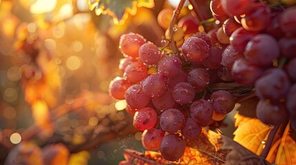 Fototapete - Close up of ripe red Burgundy grapes on vine with dew drops illuminated by warm sunlight against a blurred soft focus background of autumn leaves