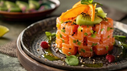 Poster - Salmon tartare stacked in a circular shape garnished with kiwi and orange slices on a textured plate, surrounded by greens and sesame seeds.