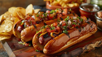 Poster - Gourmet grilled beef hot dogs topped with salsa and mustard, served with potato chips on a rustic wooden board in warm tones.