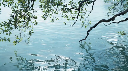 Leinwandbilder - Tranquil blue-green water surface reflecting soft light with lush green tree branches extending gracefully overhead creating a serene natural scene