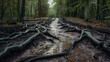 © meristock - Dirt road through a forest with exposed woody roots and muddy water after heavy rain showcasing earthy browns and greens in an overcast atmosphere