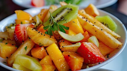 Poster - Colorful fruit salad in a white bowl featuring orange mango, red strawberries, green kiwi, and yellow pineapple with crispy French fries on the side