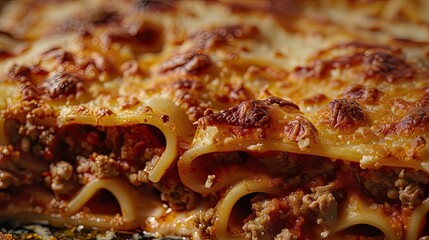Poster - Delicious cannelloni pasta stuffed with ricotta and meat in a close-up view showcasing golden brown cheese and rich tomato sauce tones.