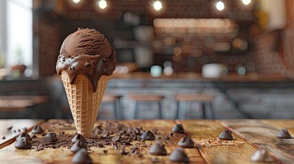 Poster - Delicious chocolate rocky road ice cream cone placed on a rustic wooden table with scattered chocolate chips and soft-focus cafe background.