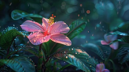 Wall Mural - Vibrant pink hibiscus flower with raindrops on lush green leaves in a serene garden setting with soft lighting and blurred background elements.