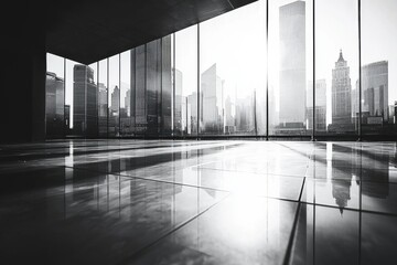 Poster - An empty modern office space in black and white, reflecting the city skyline through expansive glass windows, creating a sense of minimalist elegance and urban connection.