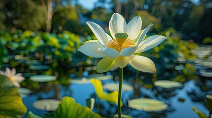 Aufkleber - White lotus flower blooming prominently in the foreground with lush green leaves and soft sunlight reflecting on a serene water surface in a garden.