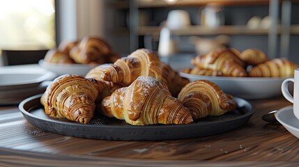 Poster - Freshly baked golden croissants on a black plate, elegantly arranged, with a warm wooden table setting, soft morning light enhancing textures.