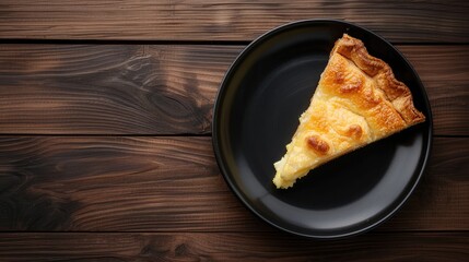 Poster - Classic sugar cream pie slice on a black plate atop a dark wood table with warm tones showcasing American cuisine in a horizontal flat lay view.
