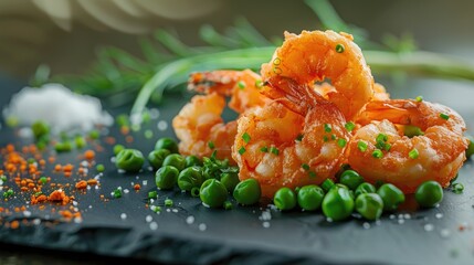 Poster - Fried shrimp served on a black slate with vibrant green peas topped with chives and seasoning sprinkled around, creating an appetizing presentation