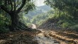 © meristock - Landslide aftermath on a muddy dirt road surrounded by thick green foliage and exposed woody roots in a serene mountainous landscape.