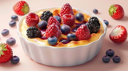 Poster - Delicious fruit pudding clafoutis in a white ceramic dish topped with vibrant strawberries raspberries blueberries and blackberries on a soft pink background