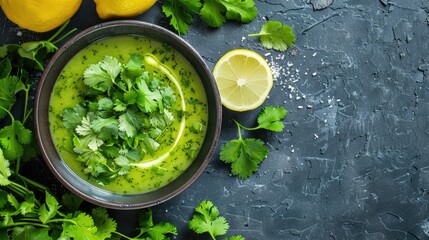 Poster - Fresh green coriander herb soup with lemon in a dark bowl on textured black background, topped with vibrant cilantro leaves and lemon slices.