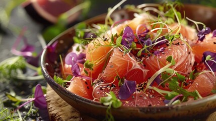 Poster - Grapefruit and fennel salad in a brown bowl decorated with purple sprouts and microgreens on a dark surface with a bright background.