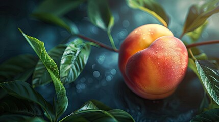 Fototapete - Ripe peach nestled among vibrant green leaves with soft dew against a blurred background creating a fresh, natural ambiance