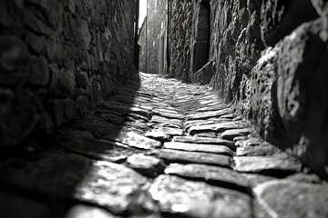 Poster - Dramatic black and white shot of a narrow, stone-paved alley with sunlight cutting through, nestled between rugged stone walls, invoking mystery and old-world charm.