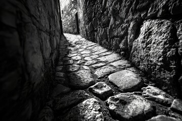 Poster - A dramatic black and white shot of a narrow stone alleyway, featuring a cobblestone path and towering rock walls, showcasing texture and detail.