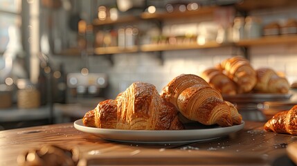 Poster - Freshly baked golden croissants on a white plate with a wooden counter background and soft natural lighting highlighting the flaky texture