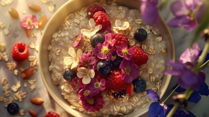 Aufkleber - Vibrant bowl of oatmeal topped with raspberries blueberries and edible flowers surrounded by oats and almonds in soft natural light setting