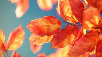 Poster - Vibrant close-up of bright red and orange apricot leaves against a soft blue sky background capturing the essence of autumn foliage in full bloom