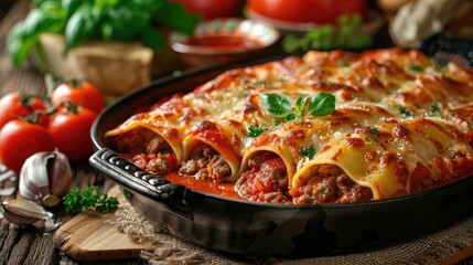 Poster - Baked pasta with meat in rich tomato sauce garnished with herbs and fresh tomatoes on a rustic wooden table with garlic and sauce in the background