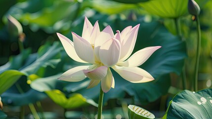 Aufkleber - Delicate pink and white lotus flower blooming amidst vibrant green leaves in sunlit Melbourne Botanic Garden showcasing nature's tranquility