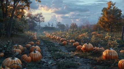 Poster - Autumn landscape with vibrant orange pumpkins lining a dirt path, surrounded by green foliage and trees under a cloudy sky at sunset.