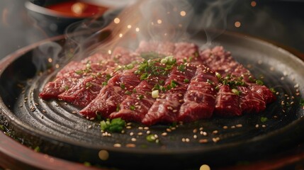 Poster - Succulent Korean beef slices arranged on a sizzling grill, garnished with green onions and sesame seeds, creating an appetizing steam effect.