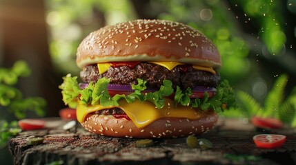 Poster - Delicious cheeseburger with layers of cheese and lettuce on a rustic wooden table surrounded by green foliage and sliced tomatoes adorned with sunlight