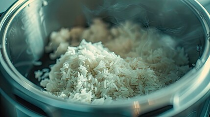 Poster - Freshly cooked white rice gently steaming in a silver rice cooker with soft light highlighting the fluffy texture and slight condensation on the lid.