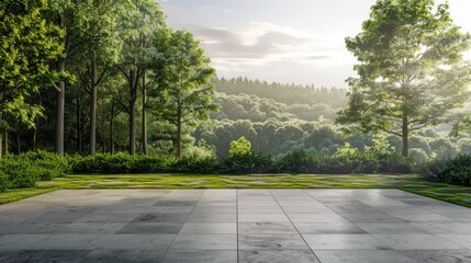 Aufkleber - Serene empty square floor with gray stone tiles surrounded by lush green forest landscape under soft morning light and gentle haze