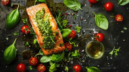 Poster - Baked salmon fillet topped with vibrant green pesto surrounded by cherry tomatoes and fresh basil on a dark stone surface.
