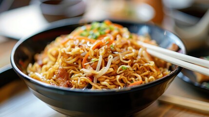 Poster - Fried noodle dish topped with colorful vegetables served in a black bowl with chopsticks on a wooden table background in a Japanese restaurant setting