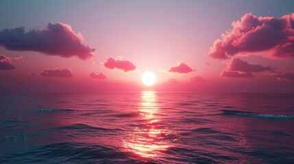 Poster - Peaceful dusk sky with a vibrant sunset, soft pink and purple hues reflecting on calm ocean waters, fluffy clouds illuminated by golden light.