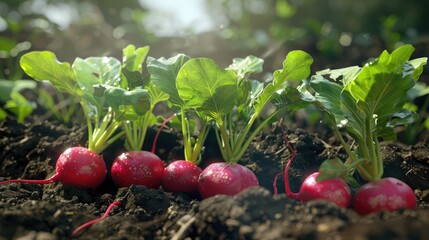 Poster - Fresh radishes emerging from dark rich soil under soft sunlight, vibrant green leaves with droplets, in a neat row, showcasing the no dig method.