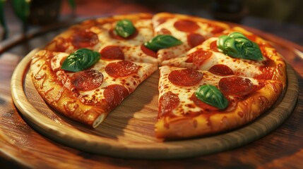 Poster - Delicious pepperoni pizza slices on circular wooden board with green basil leaves placed on top against warm natural background.