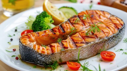 Poster - Grilled salmon steak on a white plate with cherry tomatoes and broccoli garnished with dill and lemon on a wooden table background