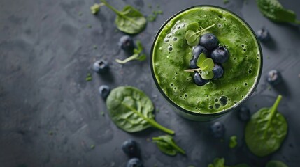 Poster - Fresh green smoothie with spinach and blueberries in a glass on a textured gray surface surrounded by fresh spinach leaves and blueberries.