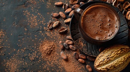 Poster - Organic cocoa drink in black cup surrounded by brown cocoa beans and pieces of cacao pod on dark textured background with cocoa powder sprinkled.