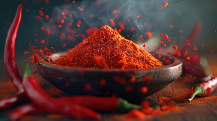 Poster - Vibrant red chili powder in a wooden bowl surrounded by fresh red chilies with a smoky background emphasizing spice and flavor.