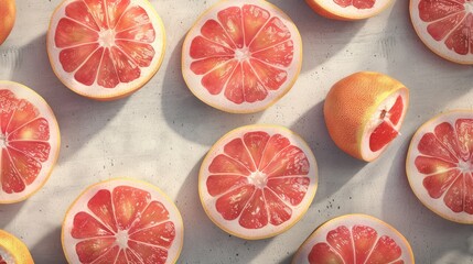 Poster - Freshly sliced red grapefruit halves displaying vibrant pink interior and yellow rind on a light surface, with an intact grapefruit in bottom right corner.