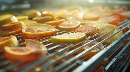 Poster - Close up of vibrant citrus slices including oranges and limes drying on shiny metal shelves of a dehydrator illuminated by warm sunlight