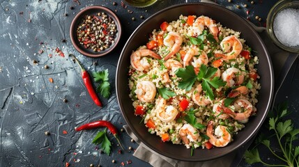 Poster - Shrimp and vegetable stir-fry atop cauliflower rice garnished with parsley, red chili, and black pepper on a dark textured background