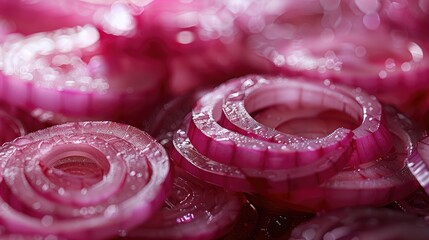 Poster - Close-up of vivid pink red onion rings stacked on a wooden table displaying a glistening texture and soft bokeh background effects.