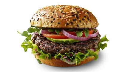 Poster - Grilled black bean burger on sesame seed bun with avocado tomato red onion and microgreens on white background vibrant green and brown elements