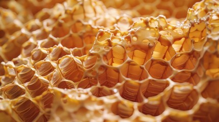 Aufkleber - Golden honeycomb texture with hexagonal cells closely arranged, illuminated by soft warm light, showcasing natural patterns and organic details.
