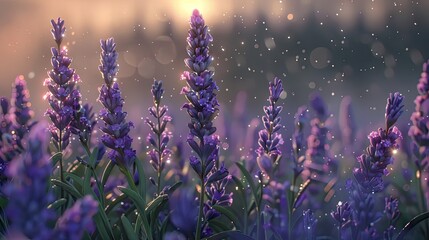 Poster - Vibrant field of lavender flowers in shades of purple with glistening droplets at sunrise creating a serene and tranquil atmosphere