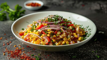 Poster - Sauteed sweet corn with red peppers and onions in a white bowl garnished with herbs on a textured dark background showcasing vibrant colors.