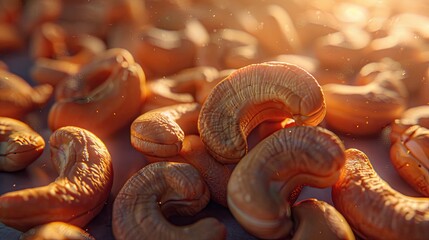 Aufkleber - Golden cashew nuts scattered on a wooden surface with warm light shining from the top creating a rich glowing effect and soft shadows.