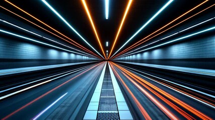 Poster - Futuristic neon tunnel with dynamic light trails and symmetrical patterns